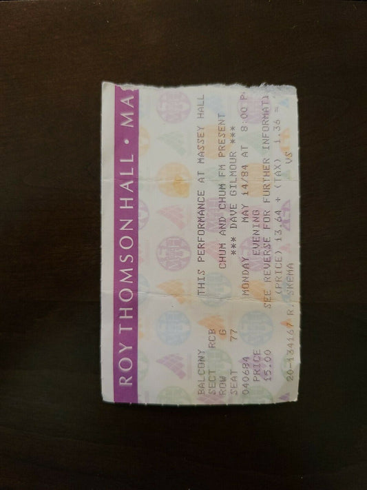 David Gilmour 1984, Toronto Massey Hall Original Concert Ticket Stub