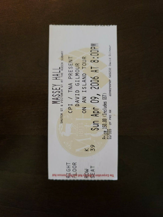 David Gilmour 2006, Toronto Massey Hall Original Concert Ticket Stub