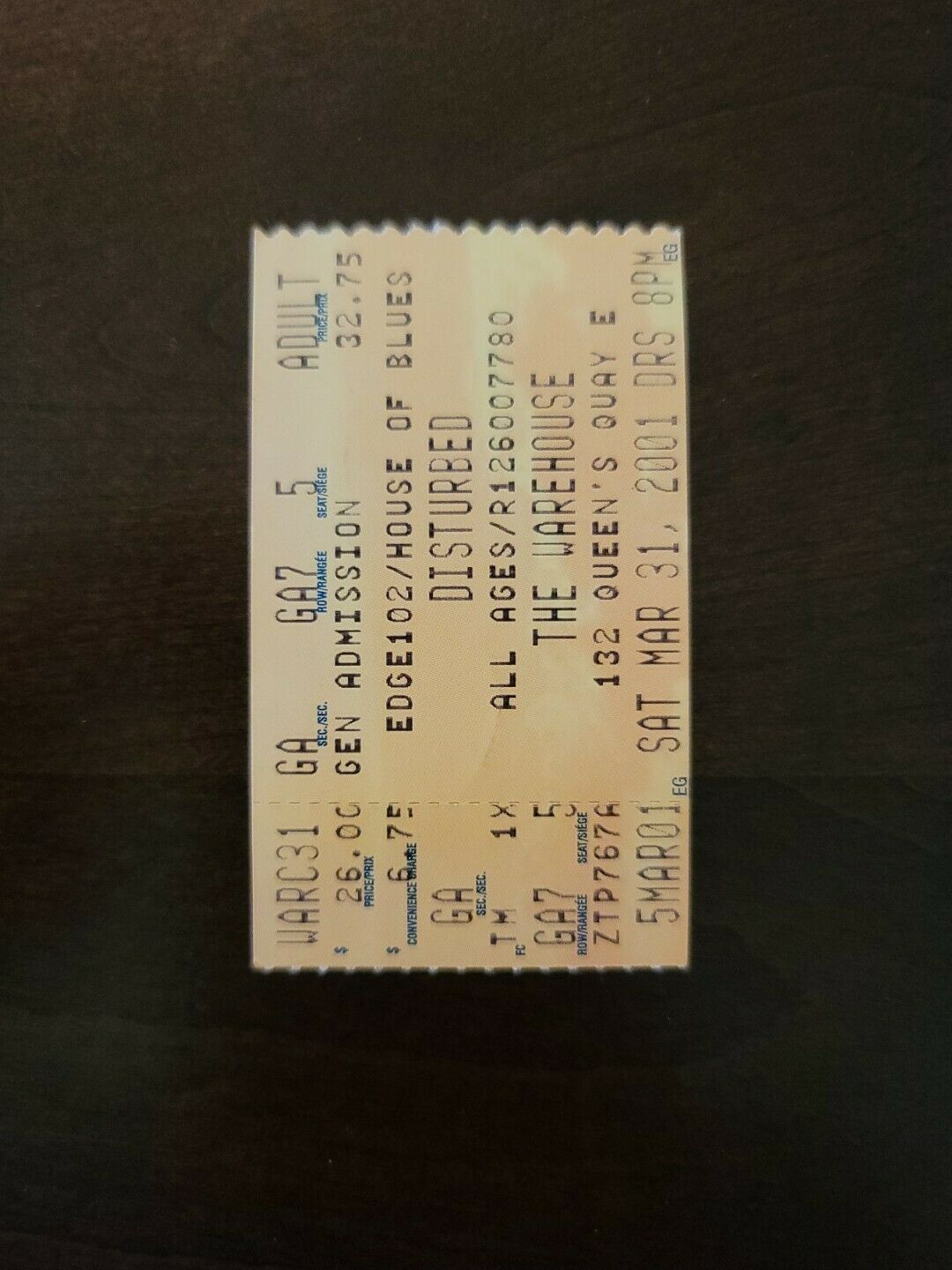 Disturbed 2001, Toronto The Warehouse Original Concert Ticket Stub