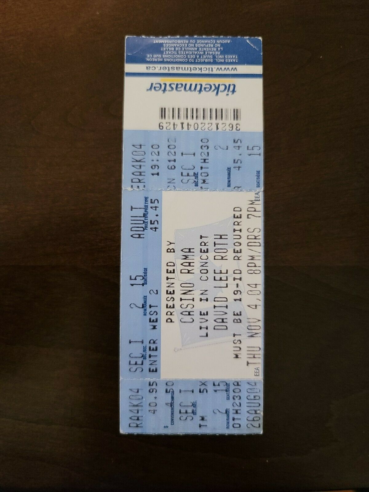 David Lee Roth 2004, Toronto Casino Rama Original Concert Ticket Stub