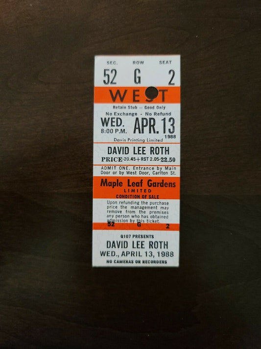 David Lee Roth 1988, Toronto Maple Leaf Gardens Original Concert Ticket Stub
