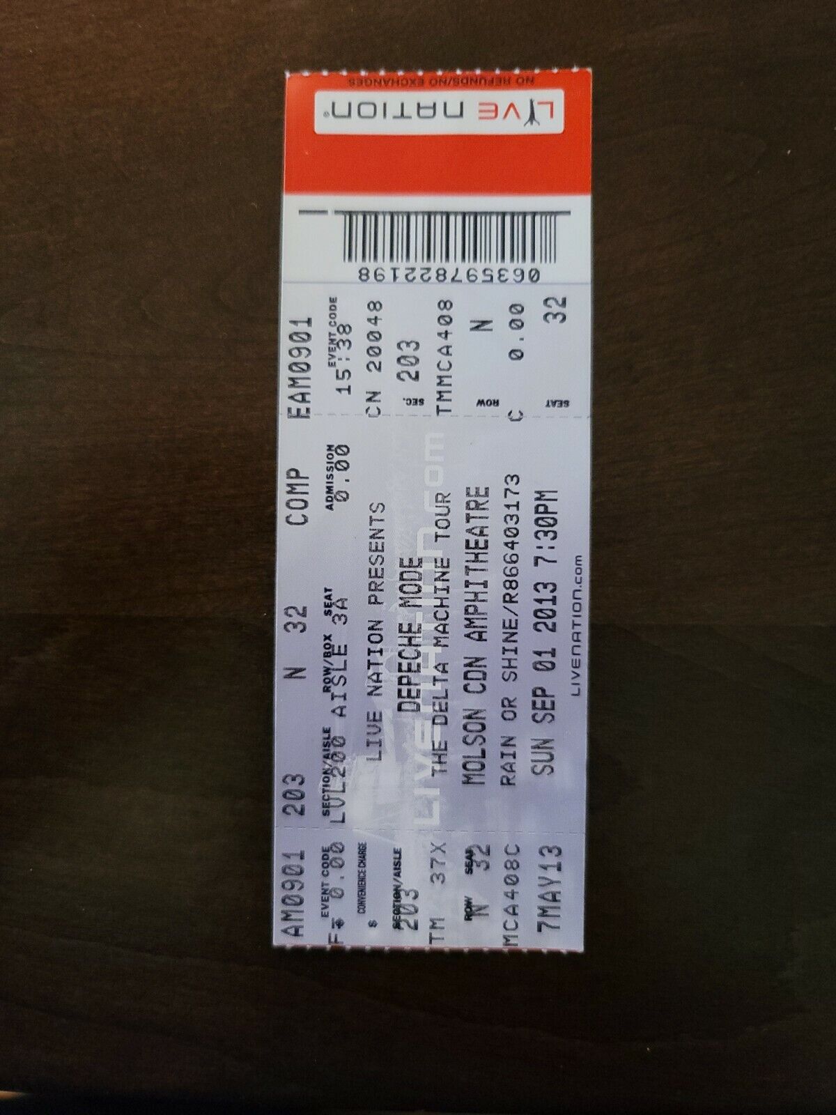 Depeche Mode 2013, Toronto Molson Amphitheater Original Concert Ticket Stub