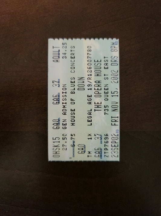 Down 2002, Toronto The Opera House Original Concert Ticket Stub