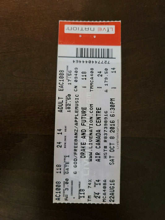Drake And Future 2016, Toronto Air Canada Centre Original Concert Ticket Stub