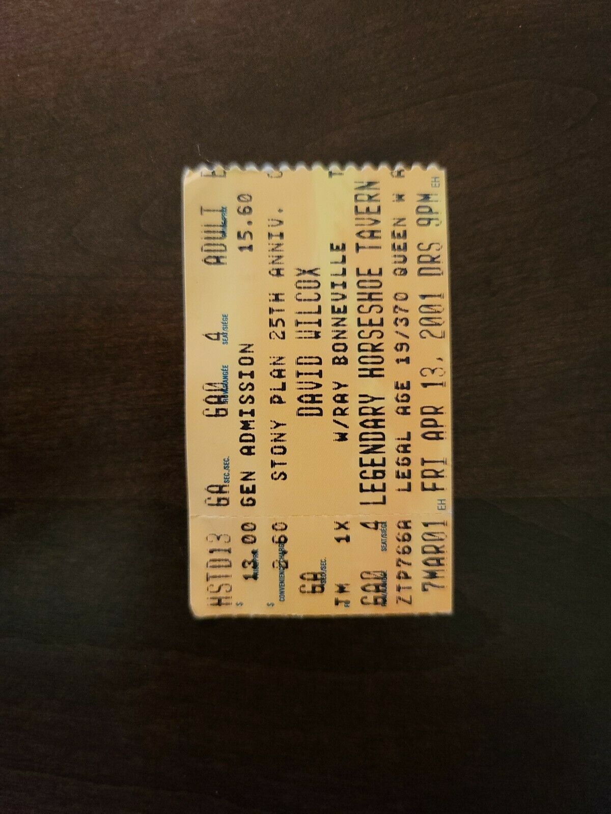David Wilcox 2001, Toronto The Horseshoe Tavern Original Concert Ticket Stub