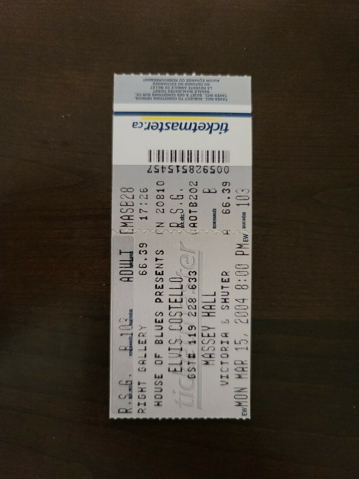 Elvis Costello 2004, Toronto Masey Hall Original Concert Ticket Stub