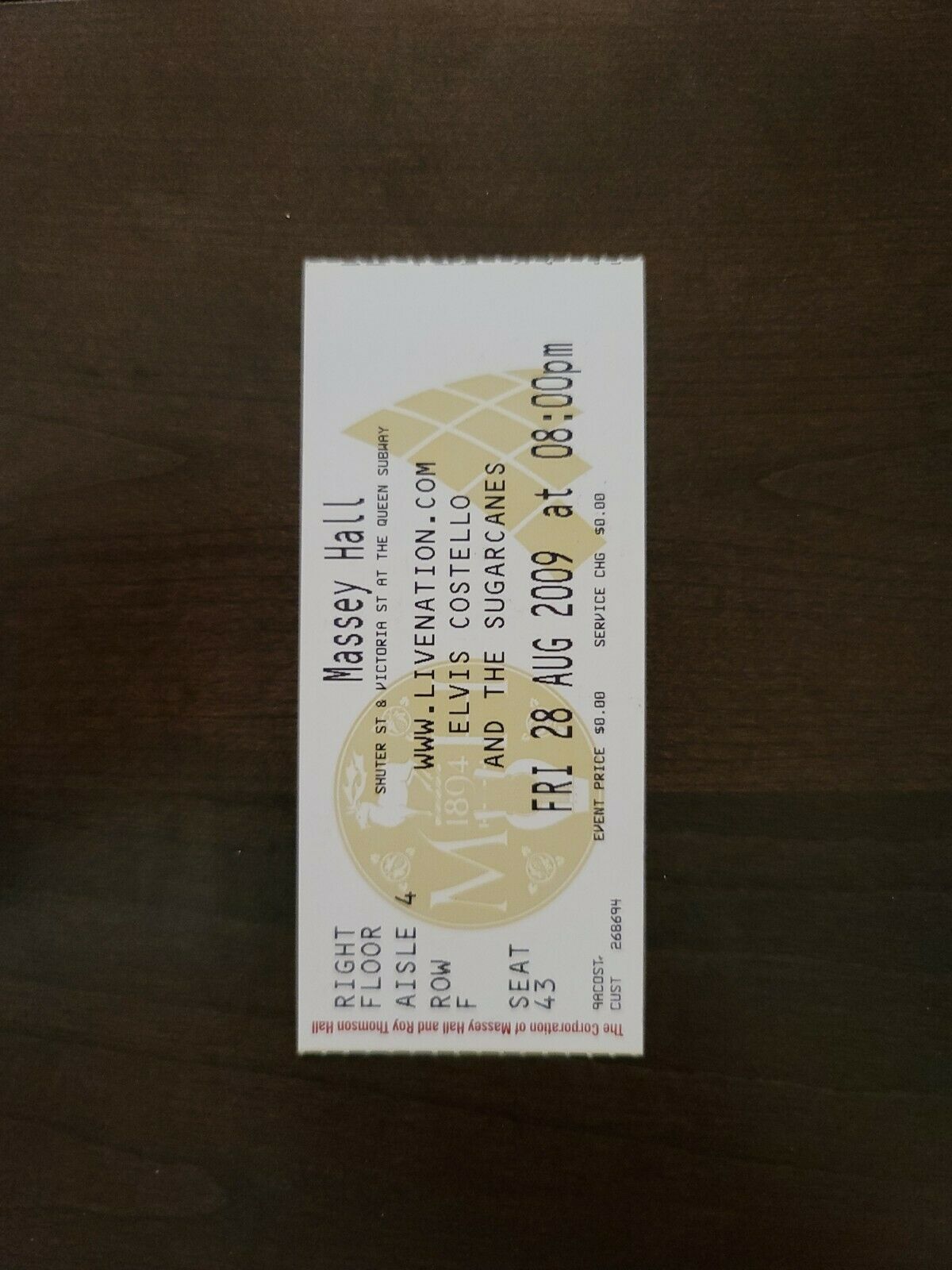Elvis Costello 2009, Toronto Masey Hall Original Concert Ticket Stub