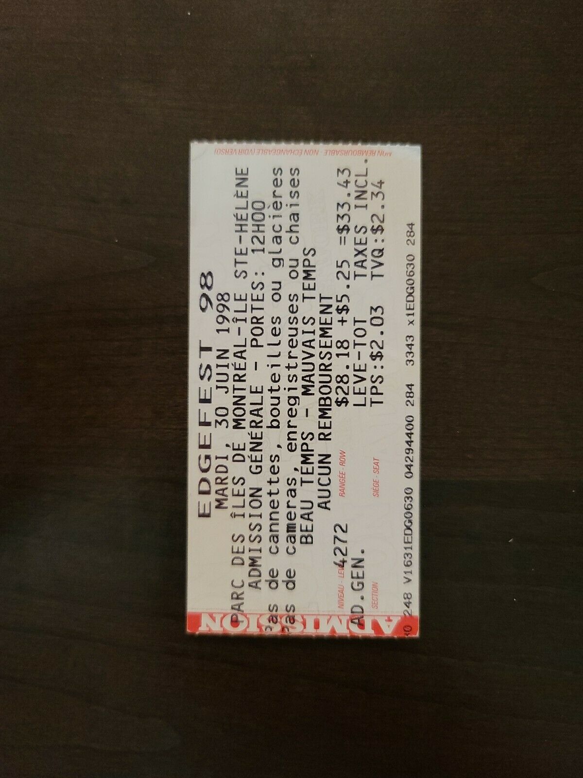 Edgefest 1998, Montreal Vintage Original Concert Ticket Stub