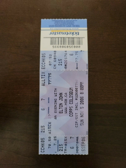 Elton John 2006, Hamilton Copps Coliseum Original Concert Ticket Stub