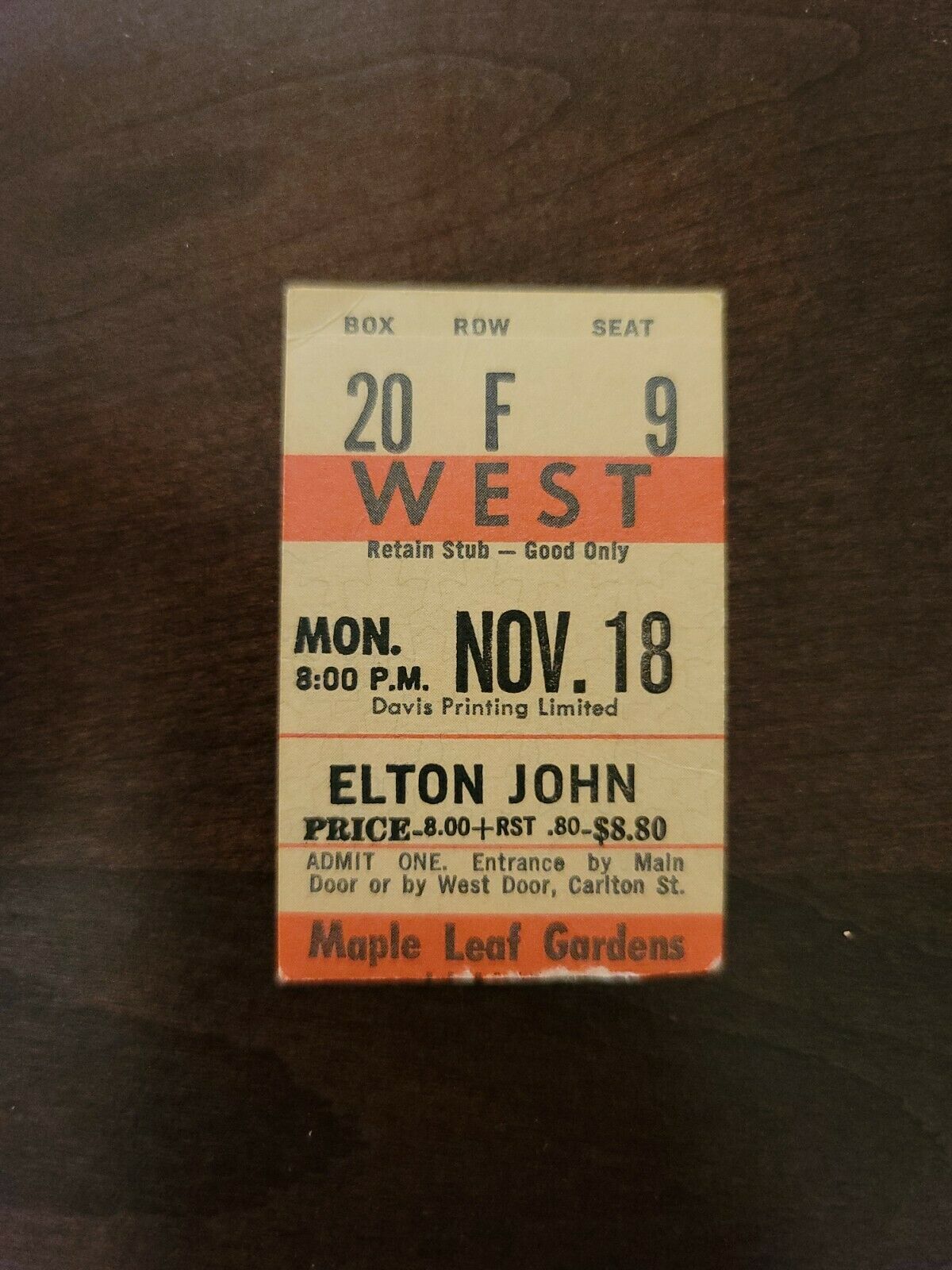 Elton John 1974, Toronto Maple Leaf Gardens Original Concert Ticket Stub