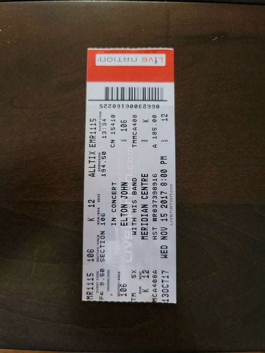 Elton John 2017, St Catherines Meridian Centre Original Concert Ticket Stub