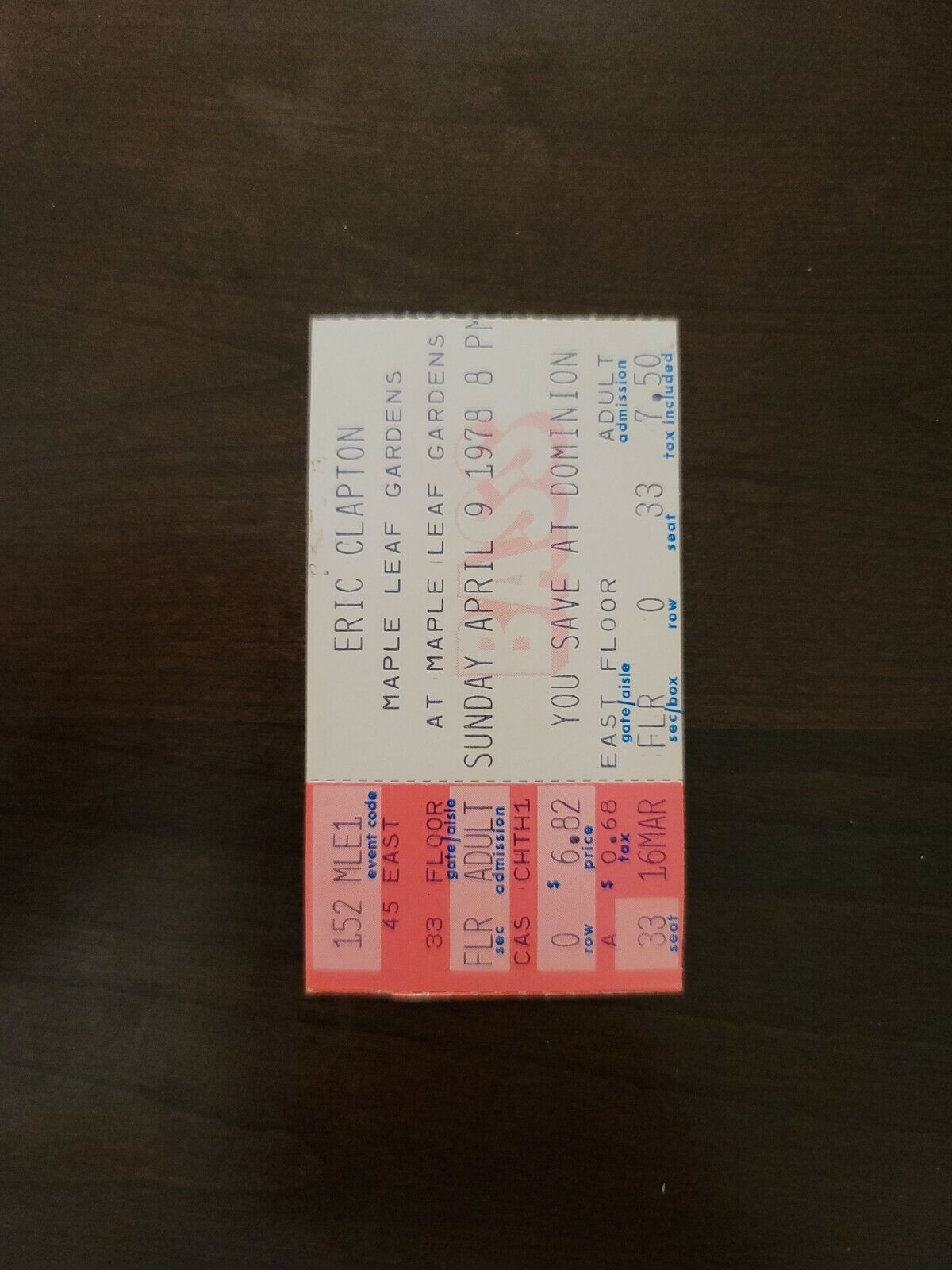 Eric Clapton 1978, Toronto Maple Leaf Gardens Original Concert Ticket Stub