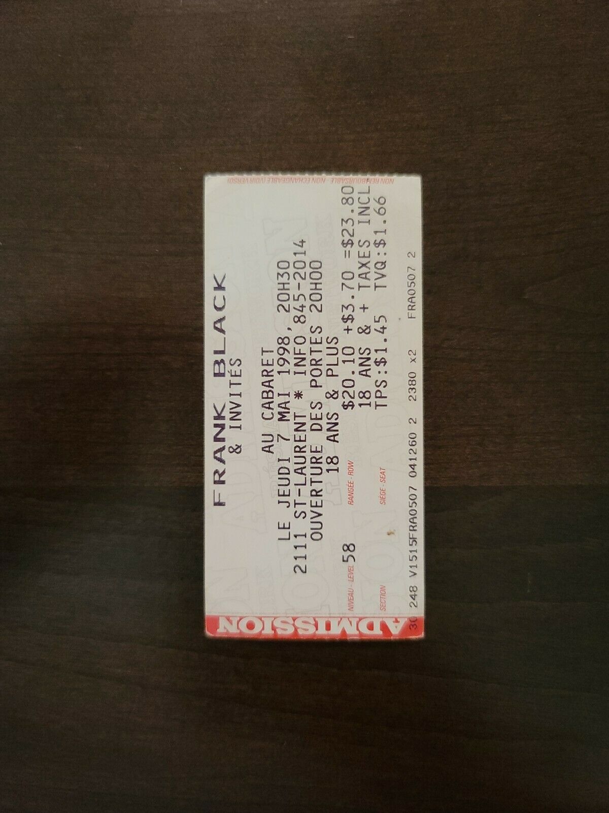Frank Black 1998, Montreal Au Cabaret Original Concert Ticket Stub