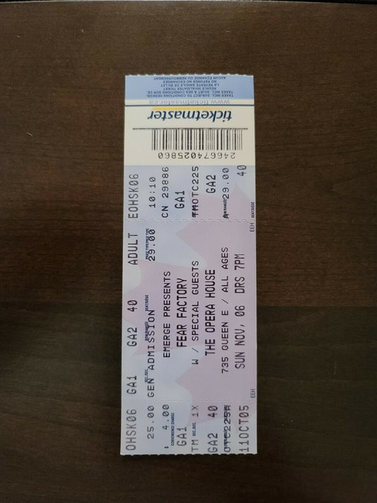 Fear Factory 2005, Toronto Opera House Original Concert Ticket Stub
