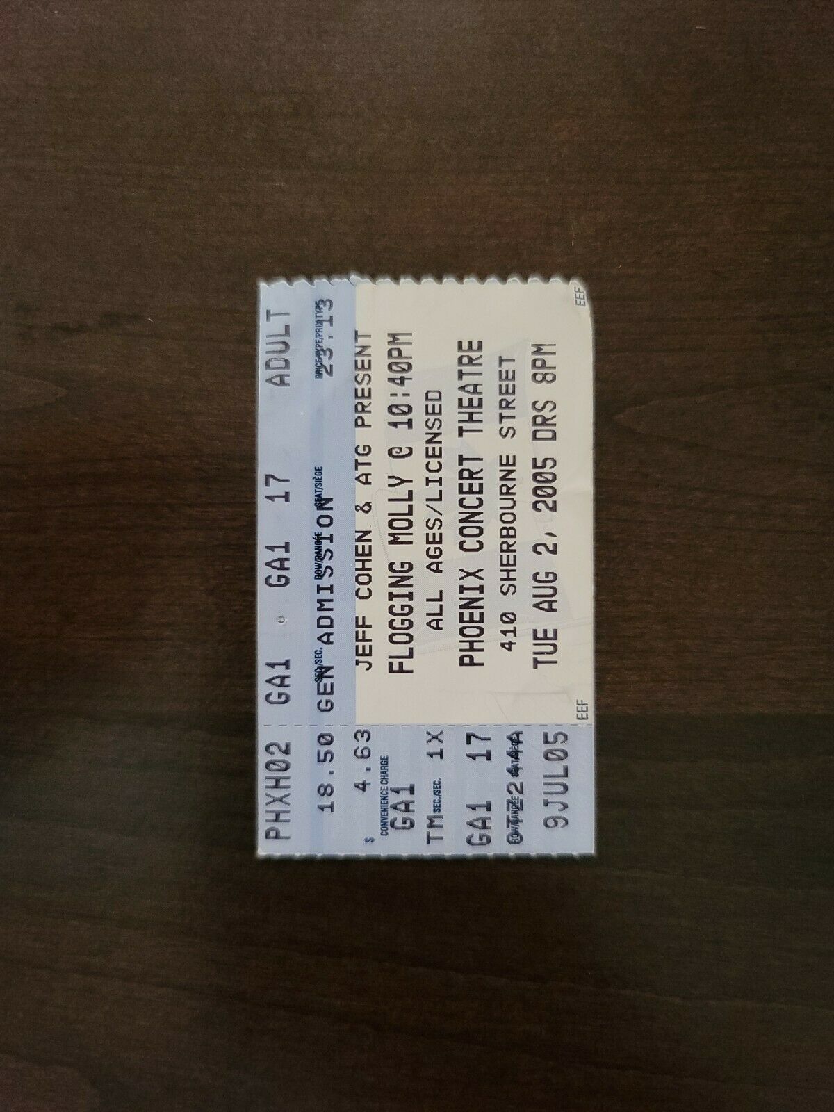 Flogging Molly 2005, Toronto Phoenix Theater Original Concert Ticket Stub