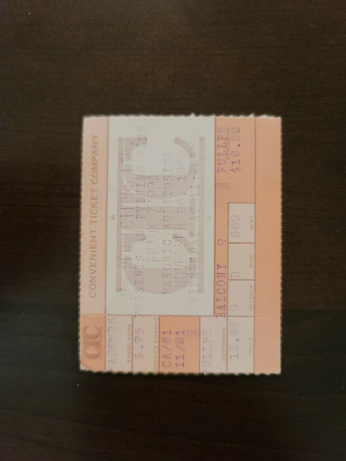 Frank Zappa 1980, Detroit Masonic Theater Original Concert Ticket Stub