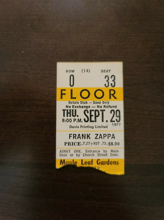 Frank Zappa 1977, Toronto Maple Leaf Gardens Original Concert Ticket Stub