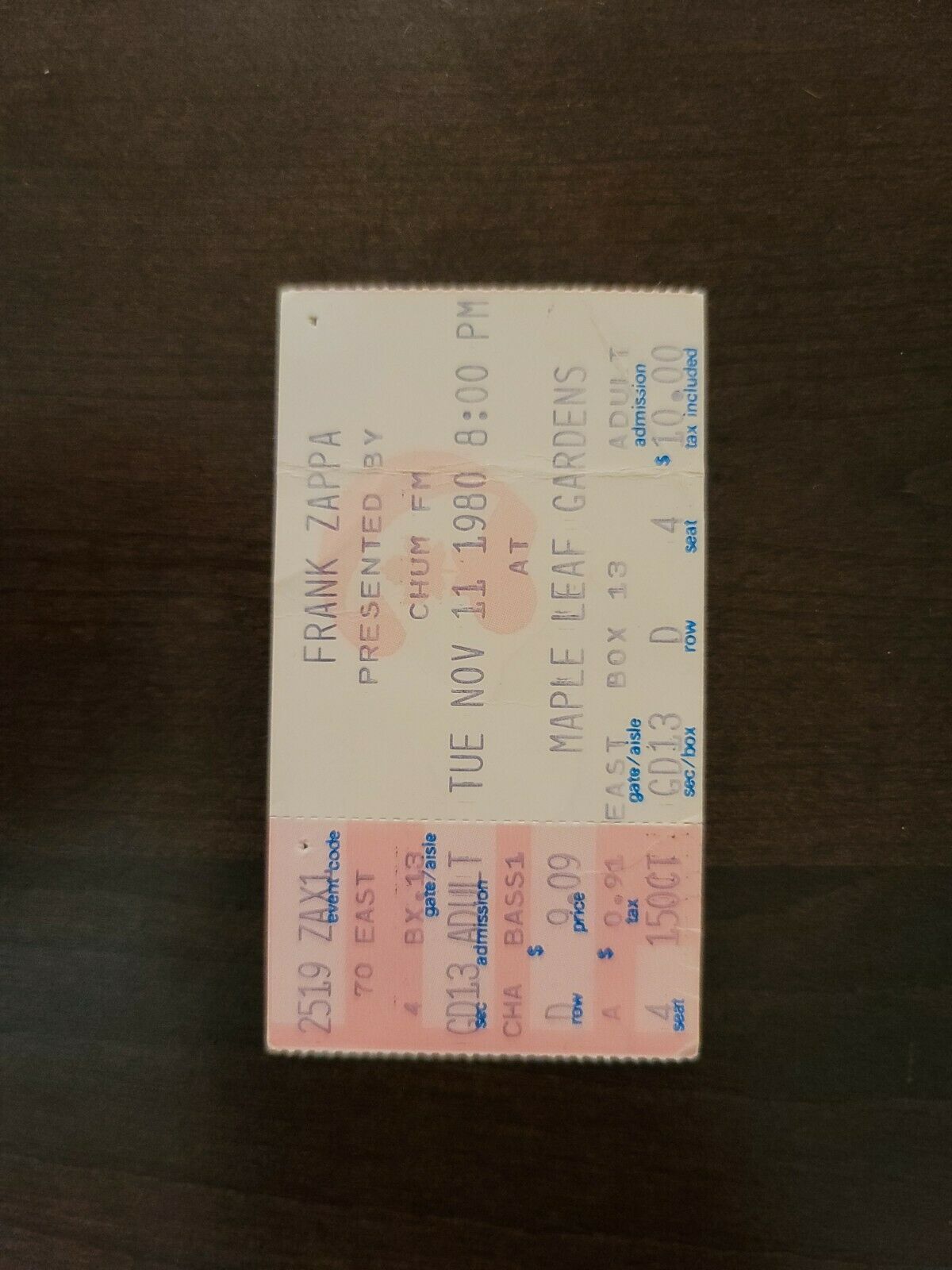 Frank Zappa 1980, Toronto Maple Leaf Gardens Original Concert Ticket Stub