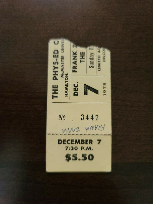 Frank Zappa 1975, Hamilton McMaster University Original Concert Ticket Stub