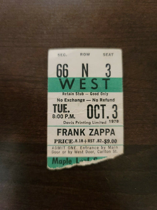 Frank Zappa 1978, Toronto Maple Leaf Gardens Original Concert Ticket Stub