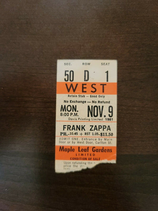 Frank Zappa 1981, Toronto Maple Leaf Gardens Original Concert Ticket Stub