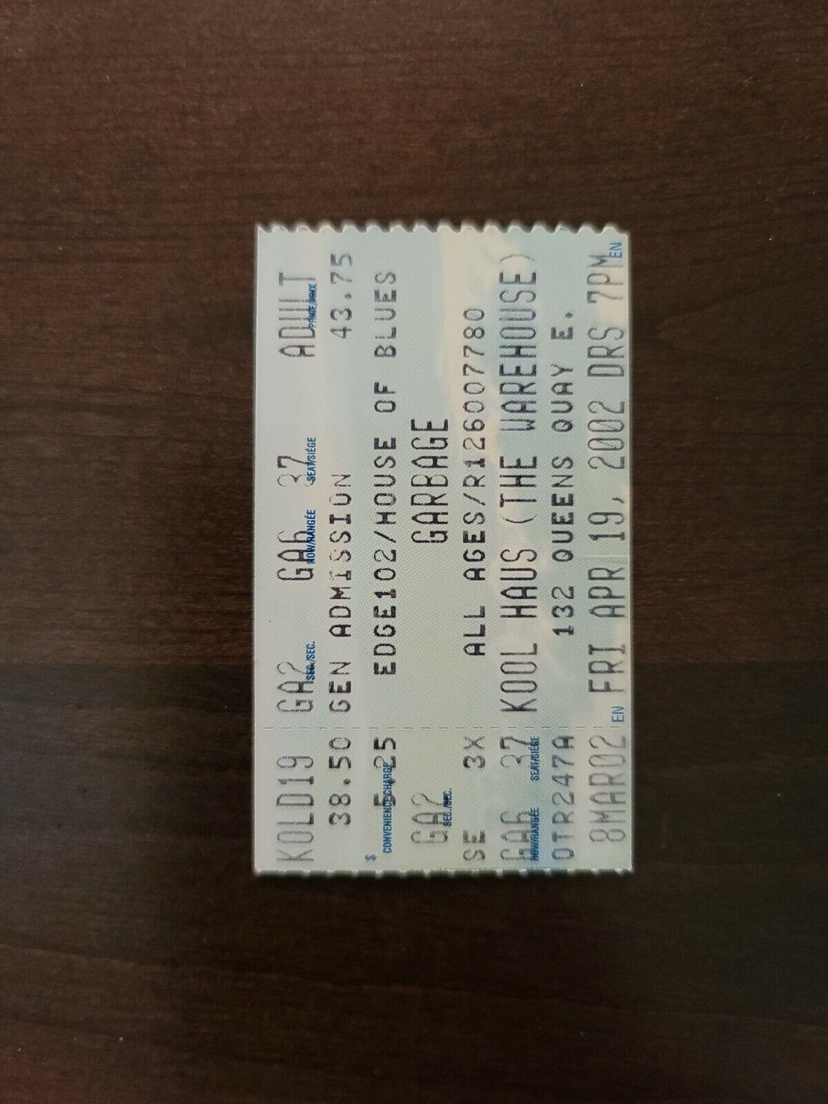 Garbage 2002, Toronto The Warehouse Original Concert Ticket Stub
