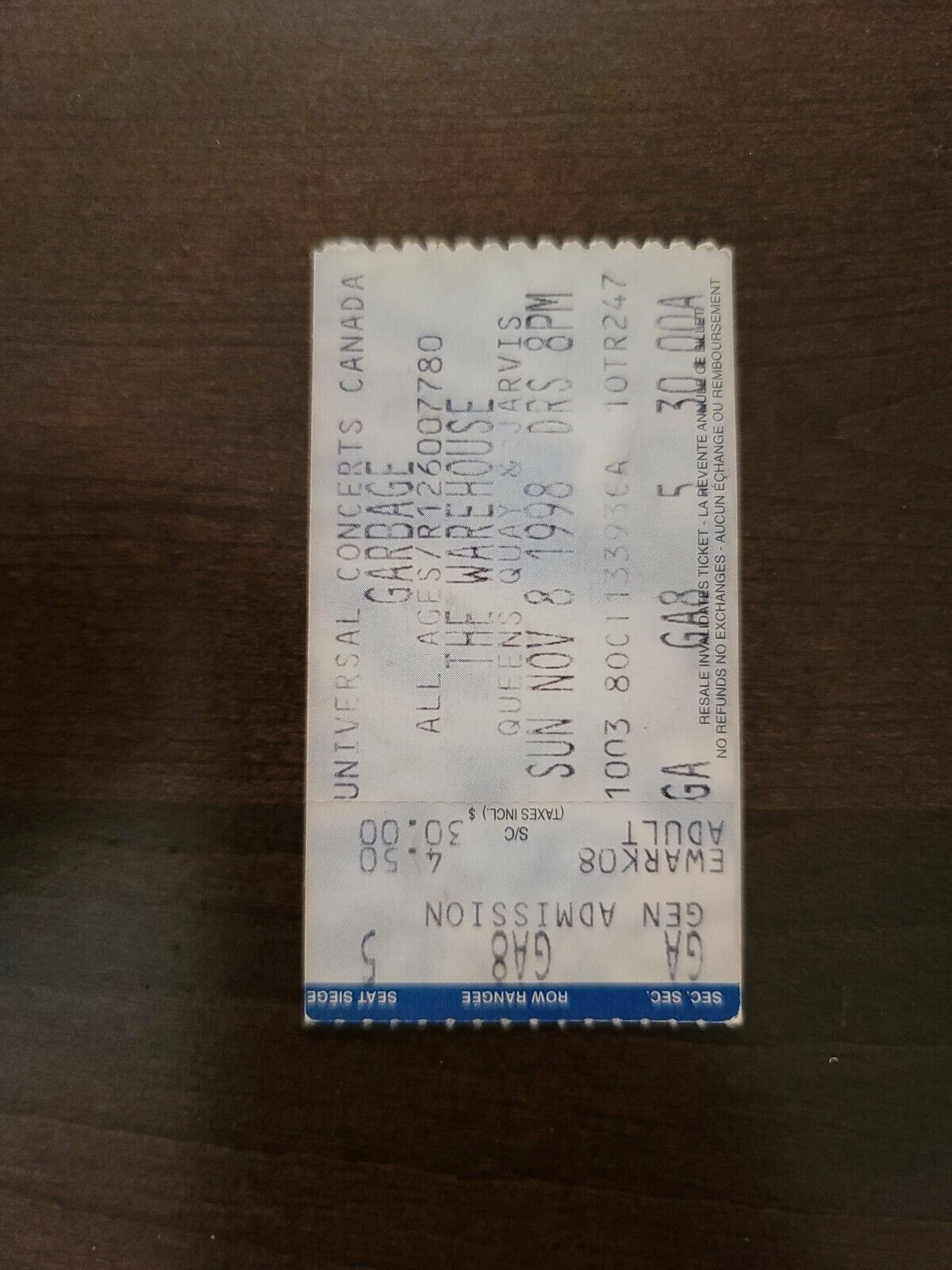 Garbage 1998, Toronto The Warehouse Original Concert Ticket Stub