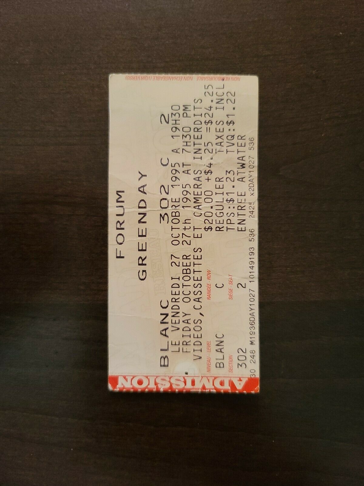 Green Day 1995, Montreal Forum Vintage Original Concert Ticket Stub