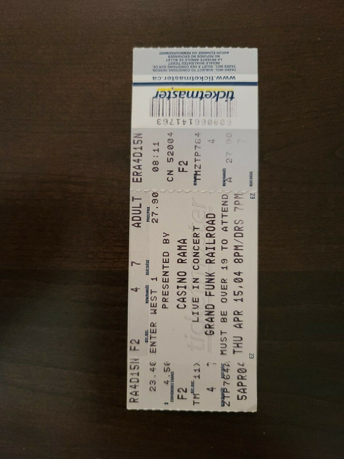 Grand Funk Railroad 2004, Orillia Casino Rama Original Concert Ticket Stub