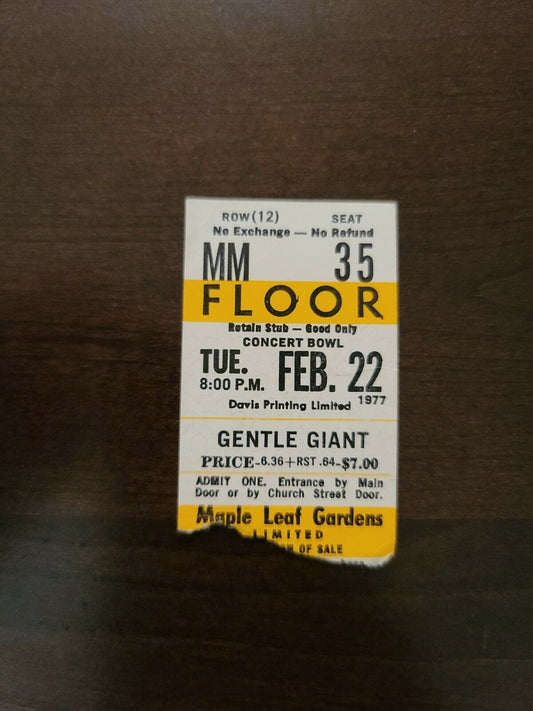 Gentle Giant 1977 Toronto Maple Leaf Gardens Original Concert Gold Ticket Stub