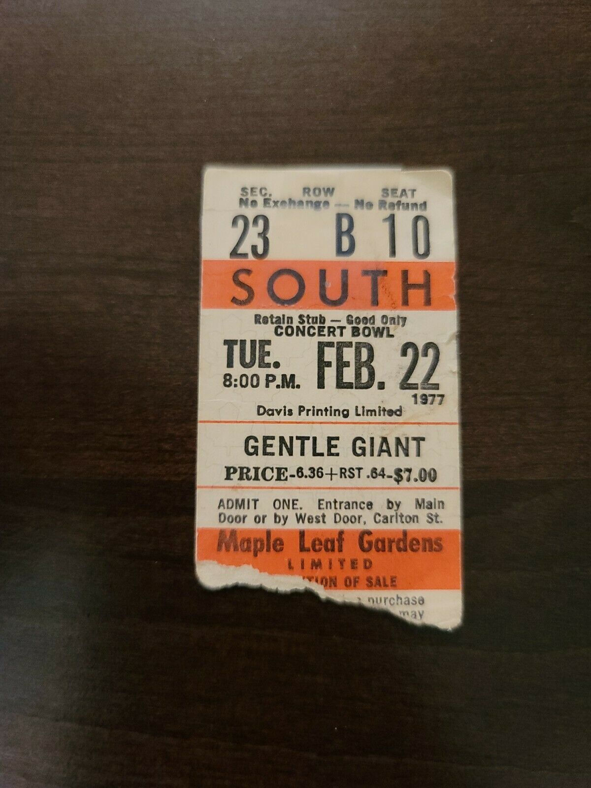 Gentle Giant 1977 Toronto Maple Leaf Gardens Original Concert Ticket Stub