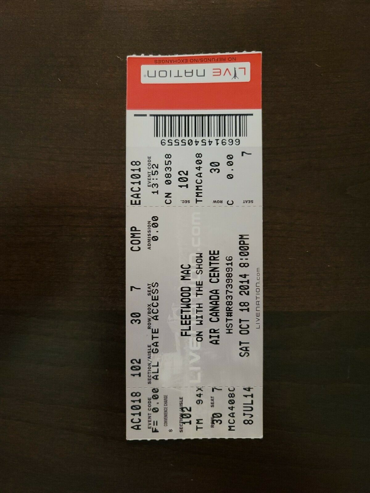 Fleetwood Mac 2014, Toronto Air Canada Centre Original Concert Ticket Stub