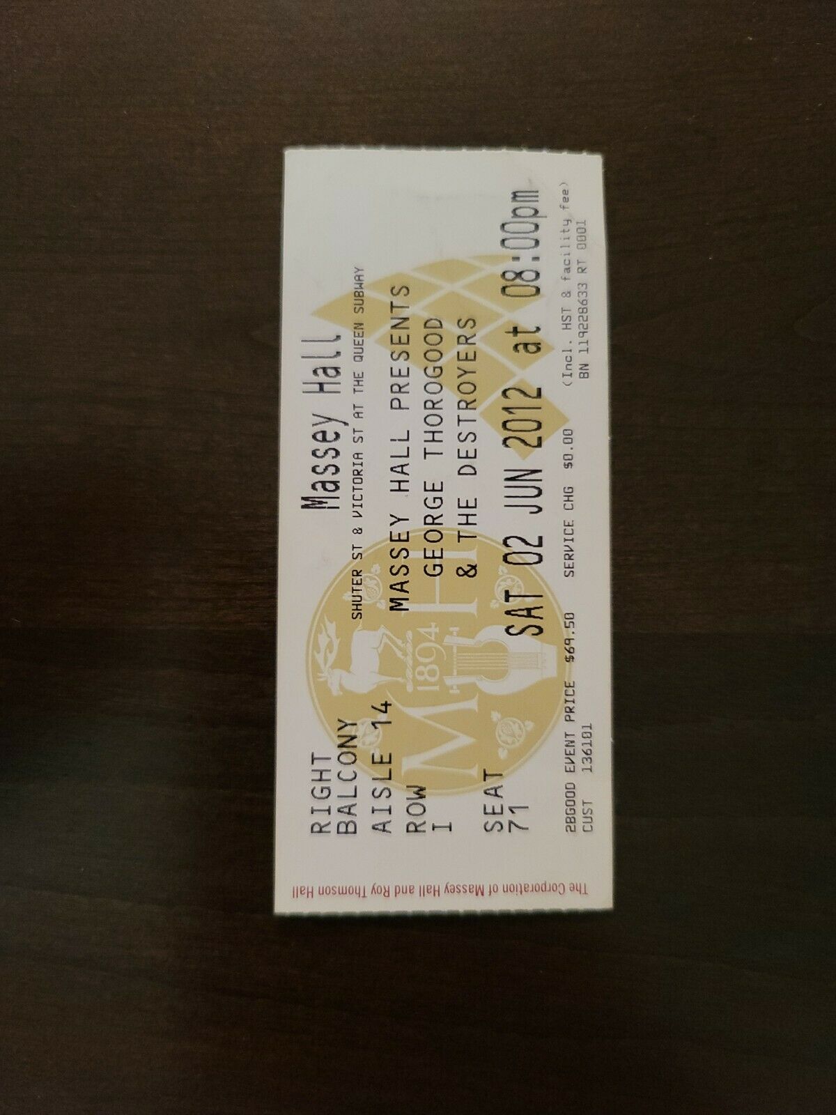 George Thorogood 2008, Toronto Massey Hall Original Concert Ticket Stub