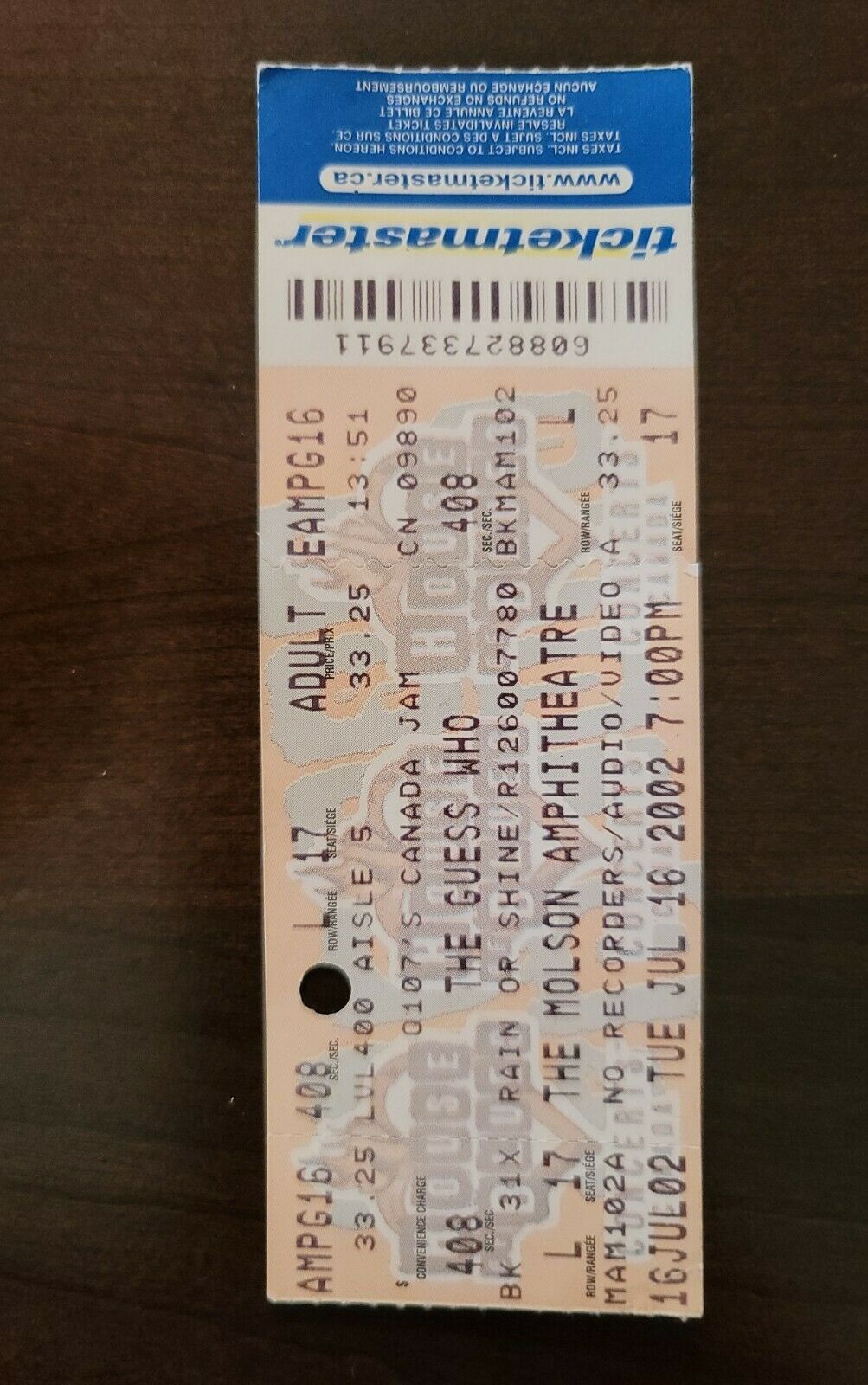 The Guess Who 2002, Toronto Molson Amphitheater Original Concert Ticket Stub