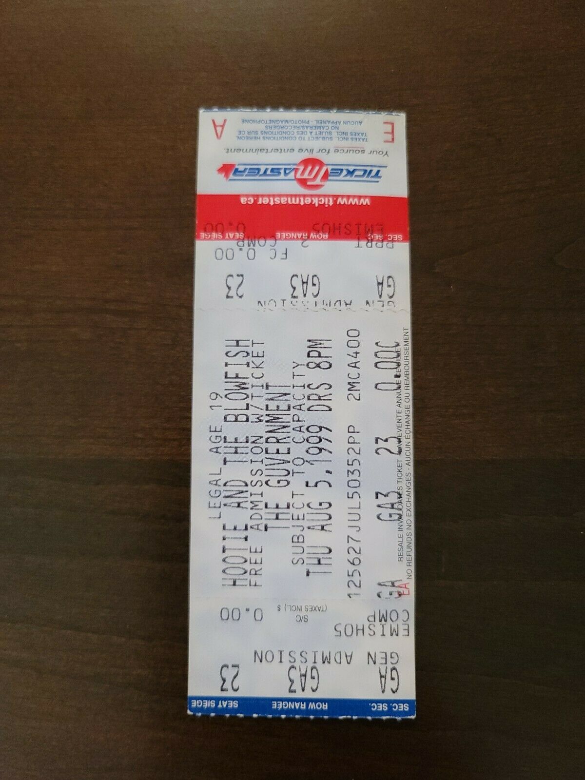 Hootie And Blowfish 1999, Toronto The Guvernment Original Concert Ticket Stub