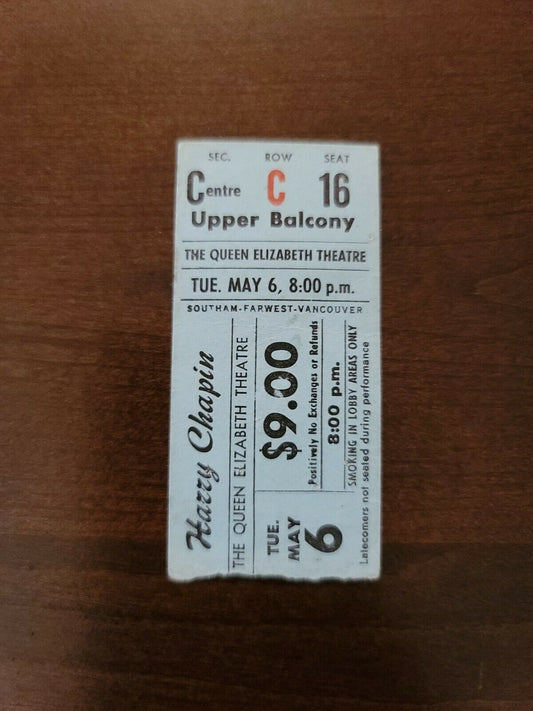 Harry Chapin 1980 Vancouver Queen Elizabeth Theater Original Concert Ticket Stub