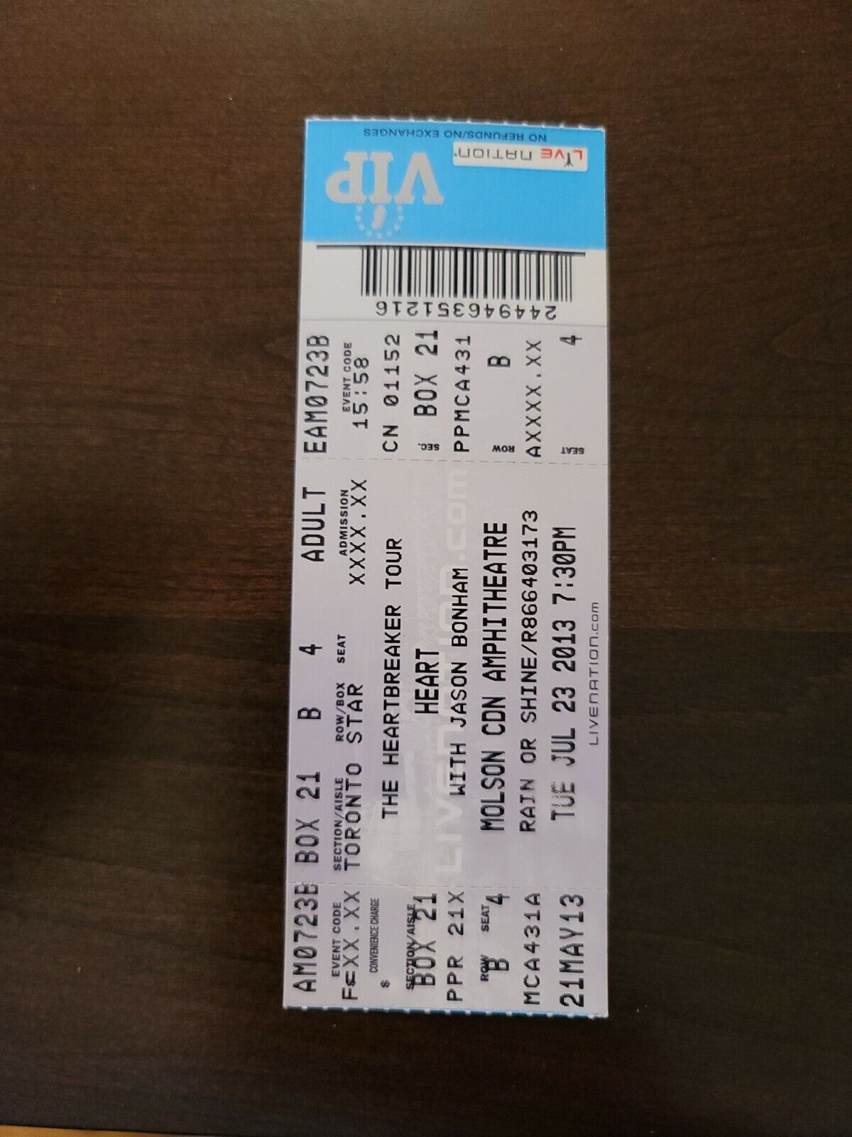 Heart 2013, Toronto Molson Amphitheater Original Concert Ticket Stub
