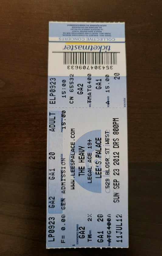 The Heavy 2012, Toronto Lee's Palace Original Concert Ticket Stub
