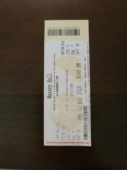 Hozier 2015, Toronto Massey Hall Original Concert Ticket Stub
