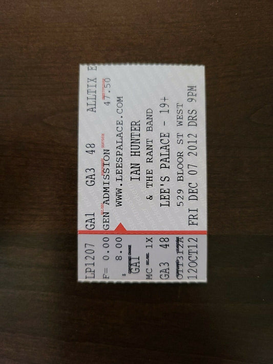 Ian Hunter 2012, Toronto Lee's Palace Original Concert Ticket Stub