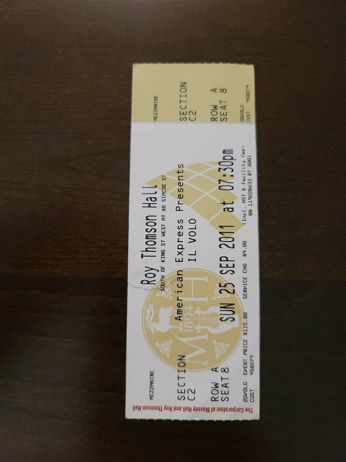 IL Volo 2011, Toronto Roy Thomson Hall Original Concert Ticket Stub