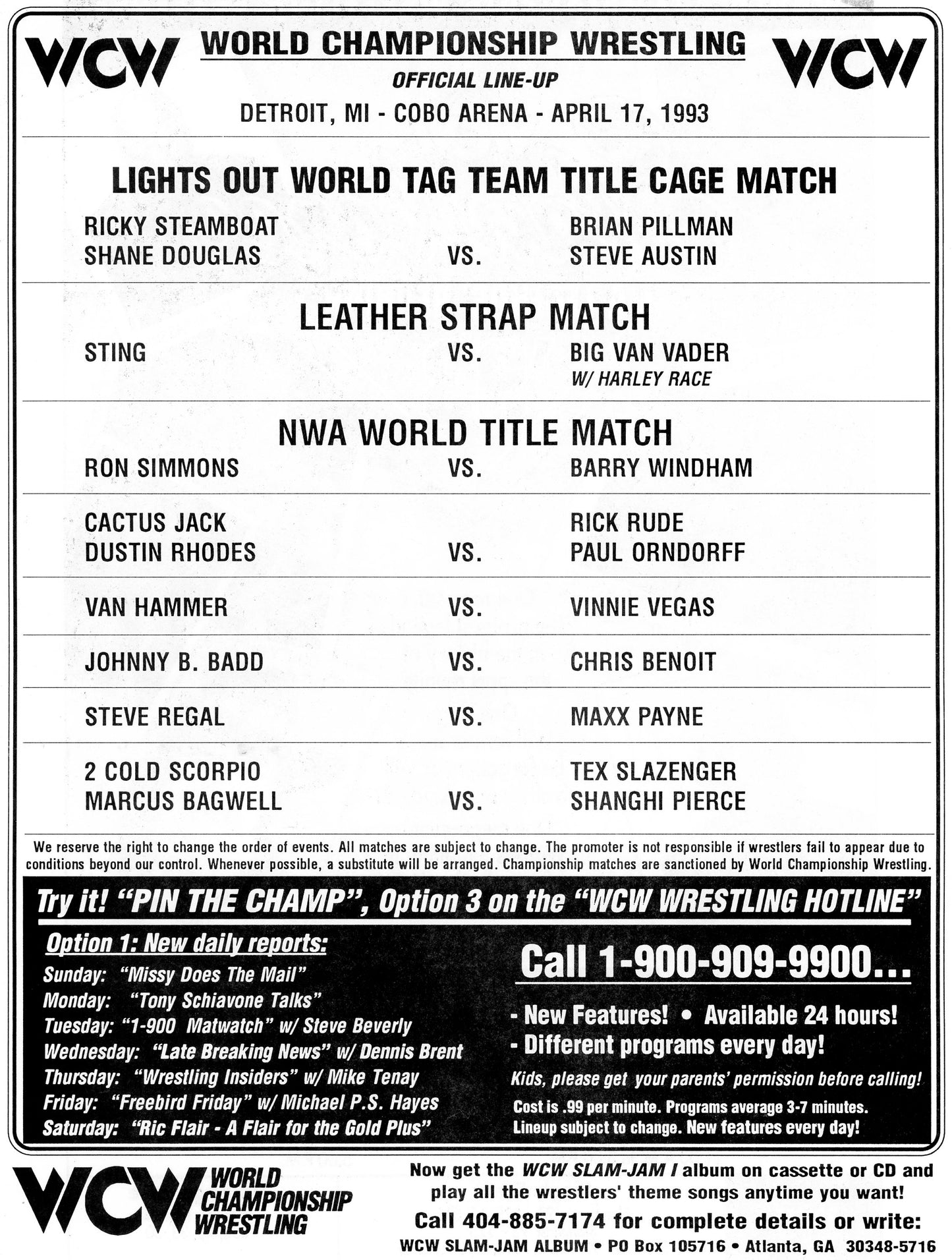 Original WCW Wrestling Magazine (June, 1993) Davey Boy, Line-Up Card