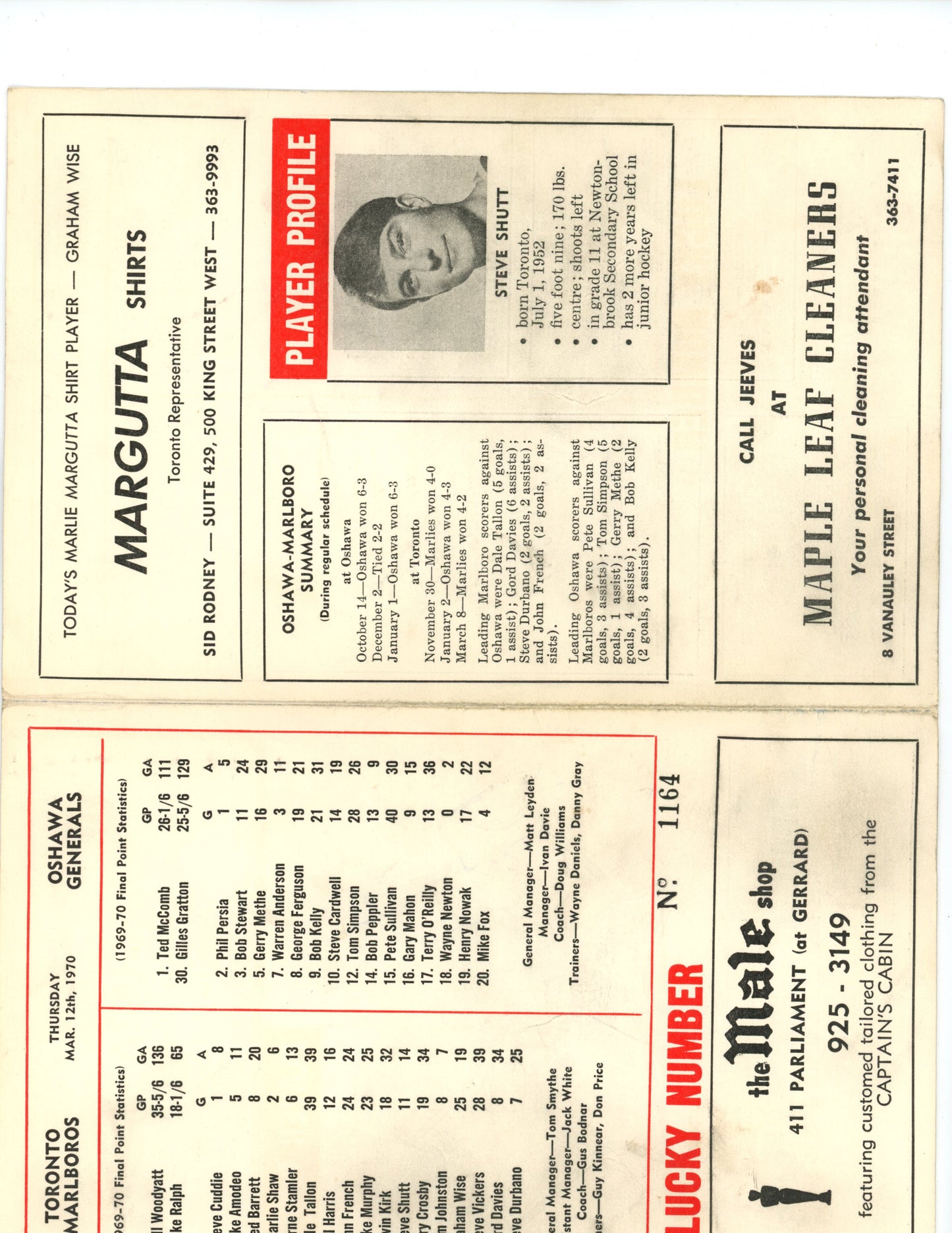 Original 1969/70 Toronto Marlboros Oshawa Generals Game Program Very Rare
