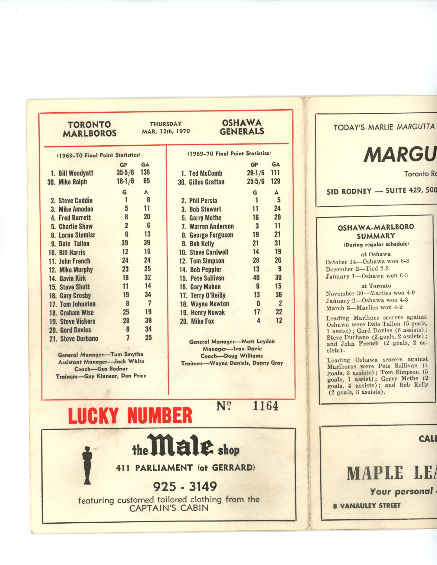 Original 1969/70 Toronto Marlboros Oshawa Generals Game Program Very Rare