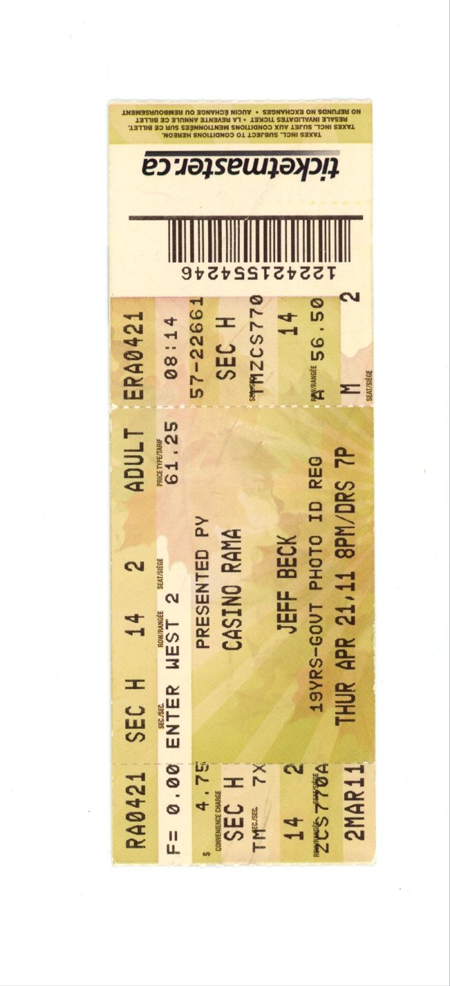 Original Jeff Beck Vintage Concert Ticket Stub Casino Rama (Orillia, 2011)