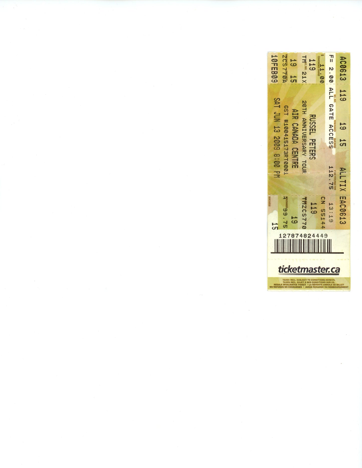 Original Russel Peters Vintage Concert Ticket Stub Air Canada Centre (Toronto, 2009)