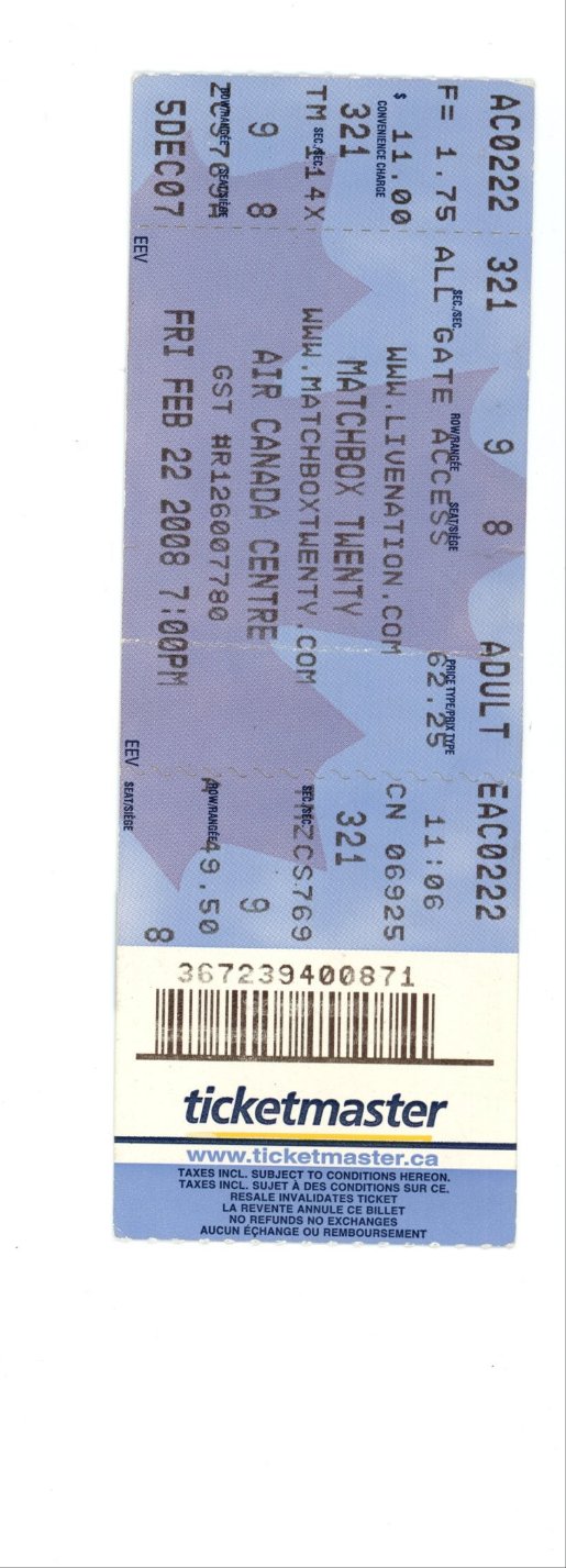Original Matchbox Twenty Vintage Concert Ticket Stub Air Canada Centre (Toronto, 2008)