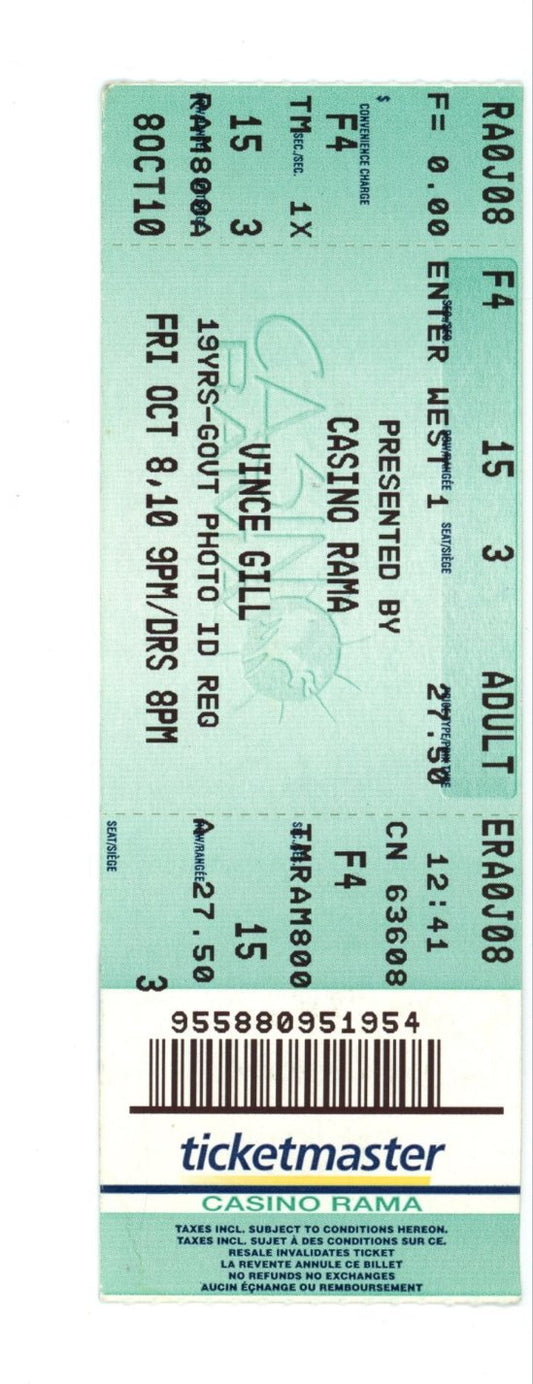 Original Vince Gill Vintage Concert Ticket Stub Casino Rama (Orillia, 2010)