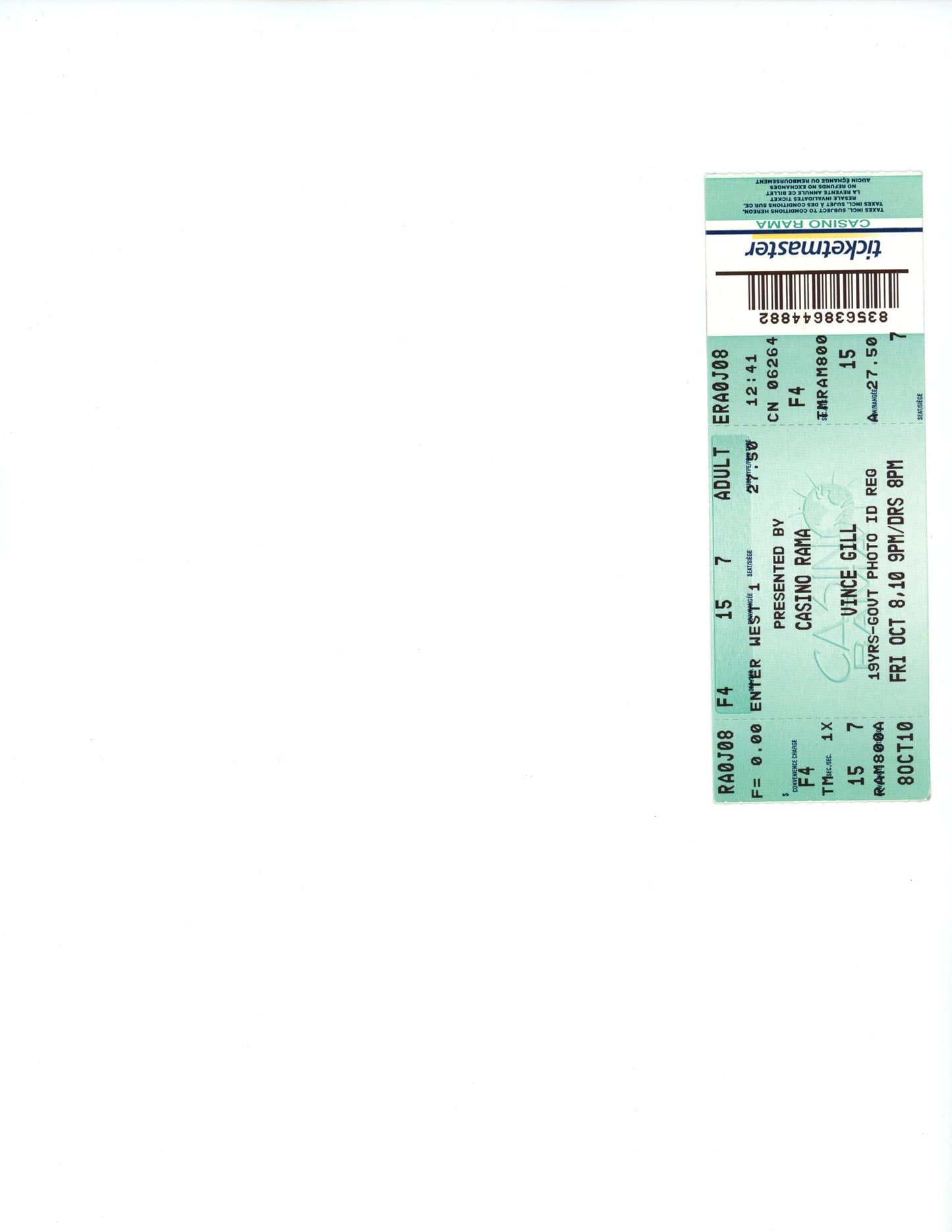 Original Vince Gill Vintage Concert Ticket Casino Rama (Orillia, 2010)