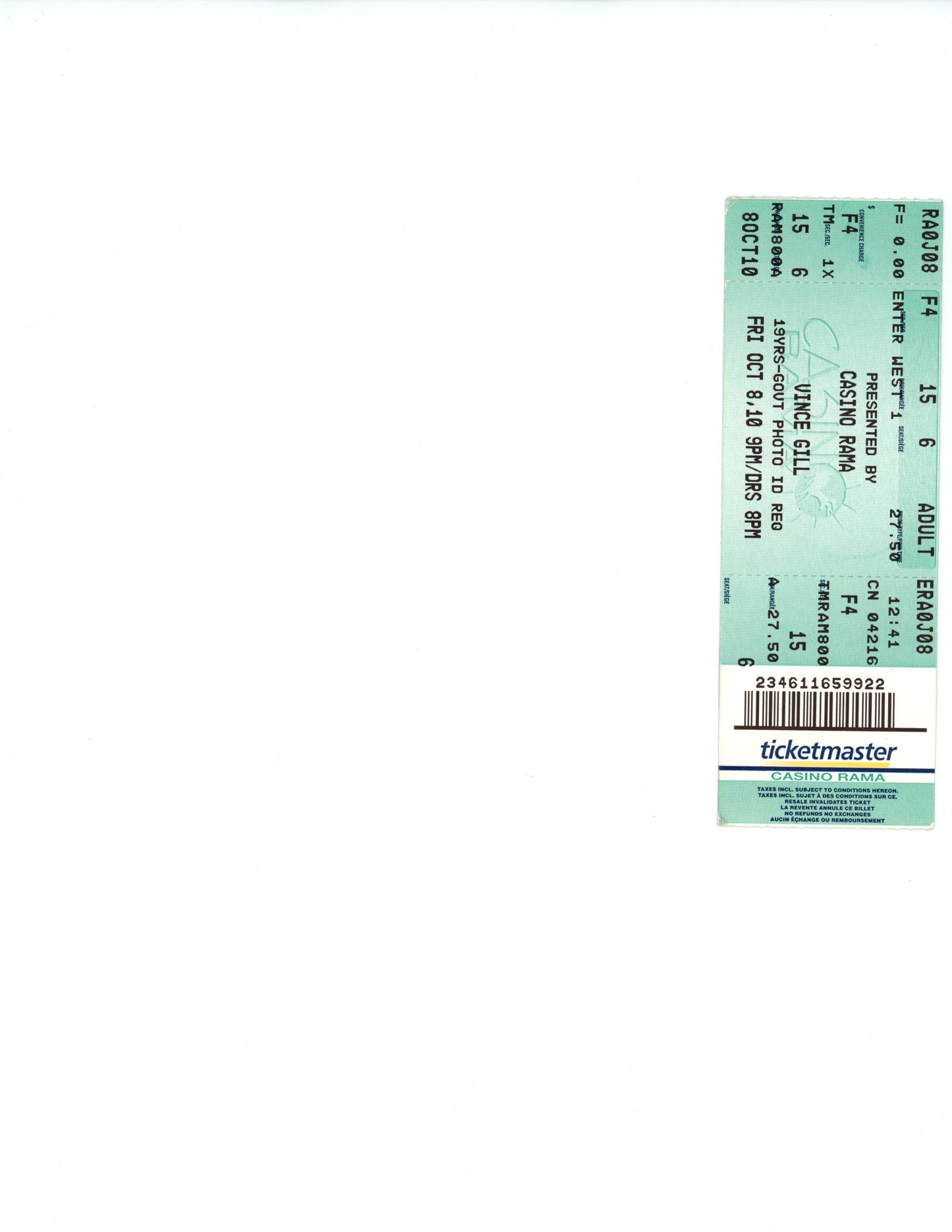 Original Vince Gill Vintage Concert Ticket Stub Casino Rama (Orillia 2010)